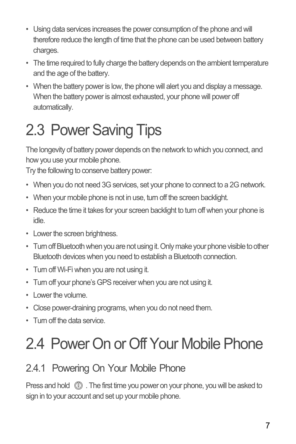 3 power saving tips, 4 power on or off your mobile phone, 1 powering on your mobile phone | Huawei U8185-1 User Manual | Page 11 / 74