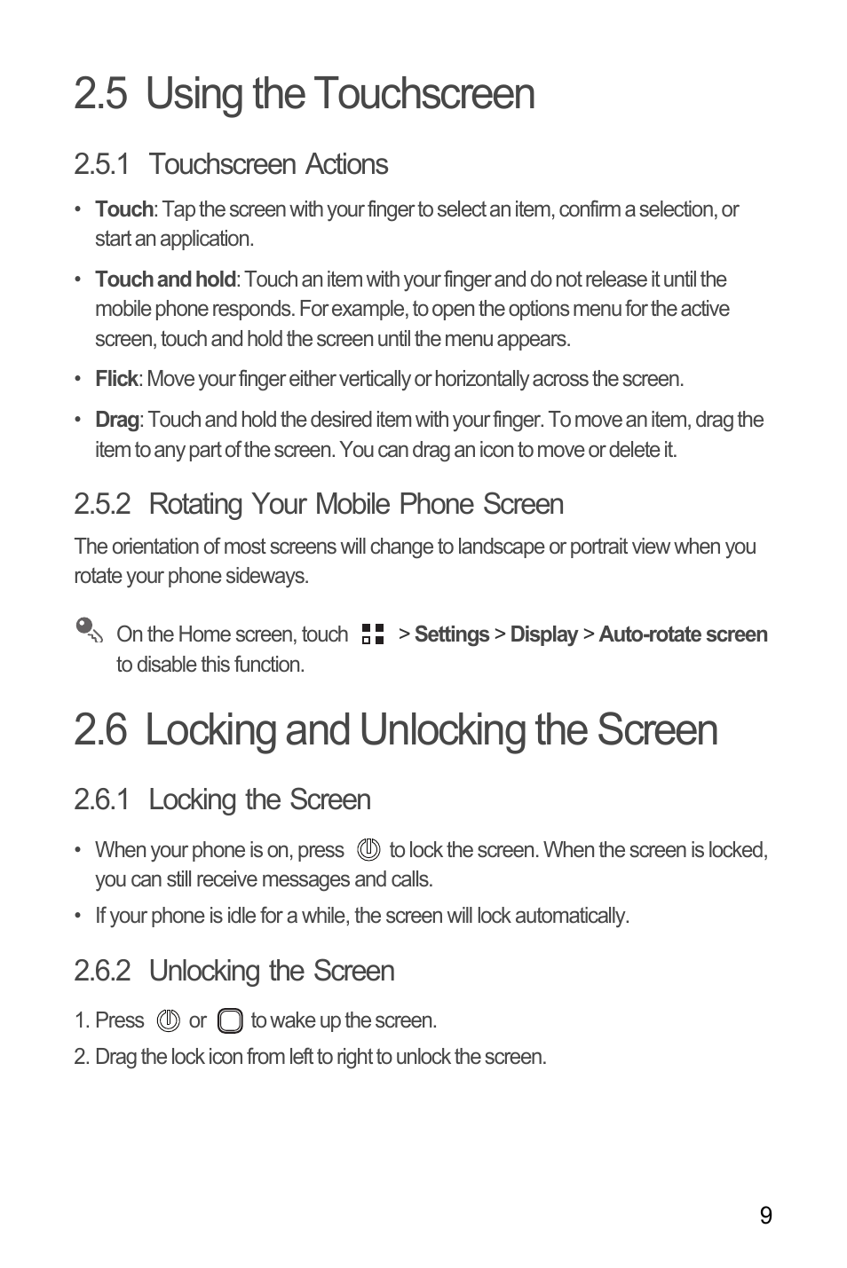 5 using the touchscreen, 1 touchscreen actions, 2 rotating your mobile phone screen | 6 locking and unlocking the screen, 1 locking the screen, 2 unlocking the screen | Huawei U8185-1 User Manual | Page 13 / 74