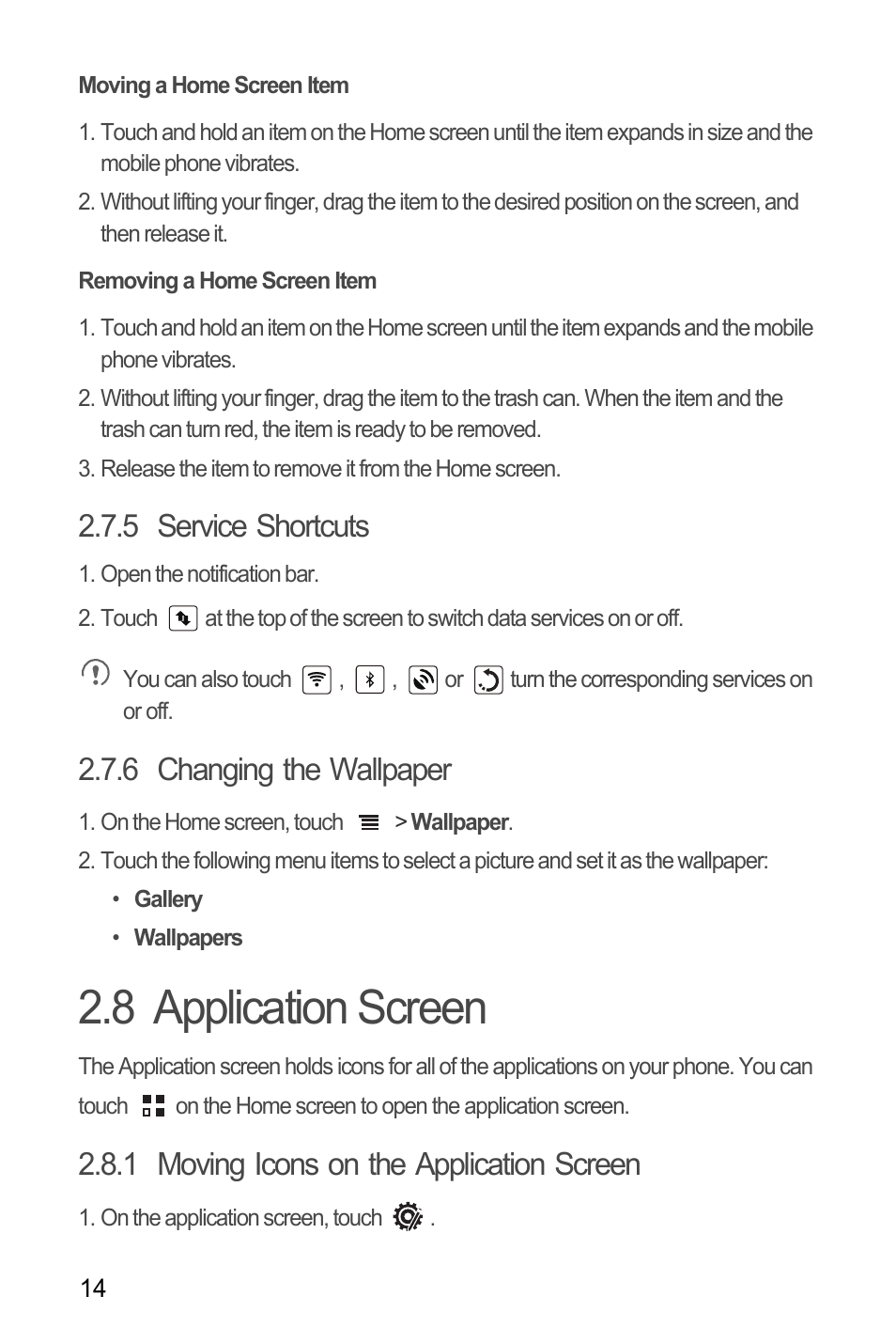 Moving a home screen item, Removing a home screen item, 5 service shortcuts | 6 changing the wallpaper, 8 application screen, 1 moving icons on the application screen | Huawei U8185-1 User Manual | Page 18 / 74