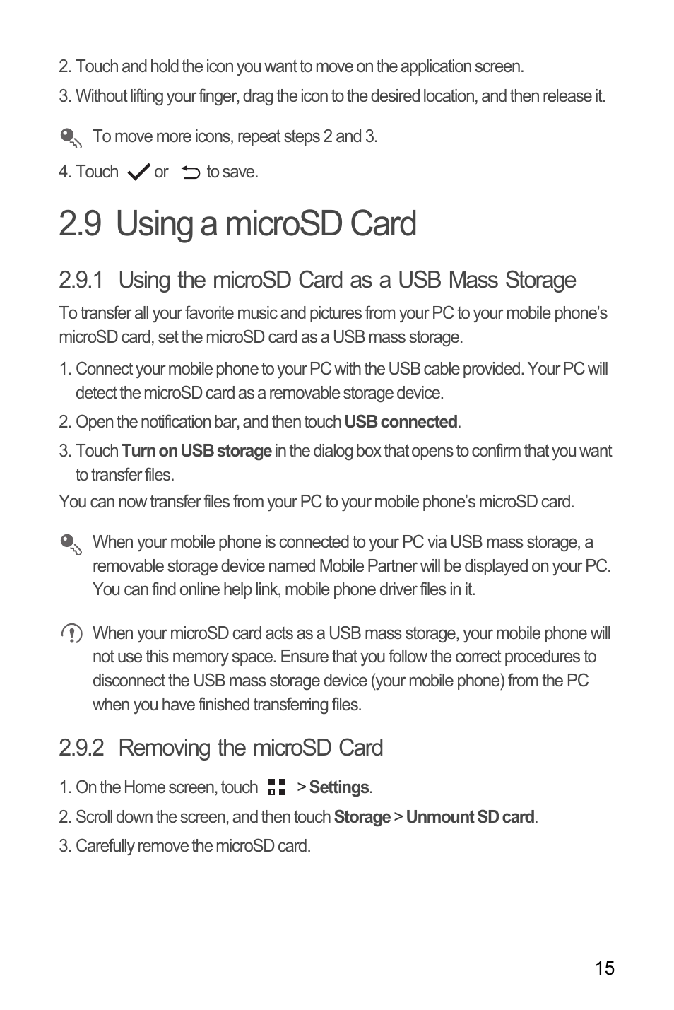 9 using a microsd card, 1 using the microsd card as a usb mass storage, 2 removing the microsd card | Huawei U8185-1 User Manual | Page 19 / 74