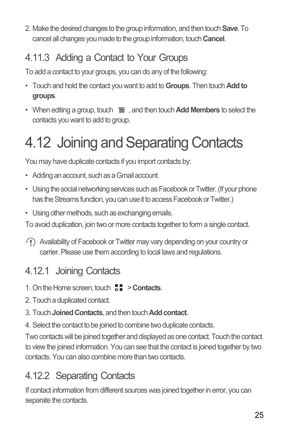 3 adding a contact to your groups, 12 joining and separating contacts, 1 joining contacts | 2 separating contacts | Huawei U8185-1 User Manual | Page 29 / 74