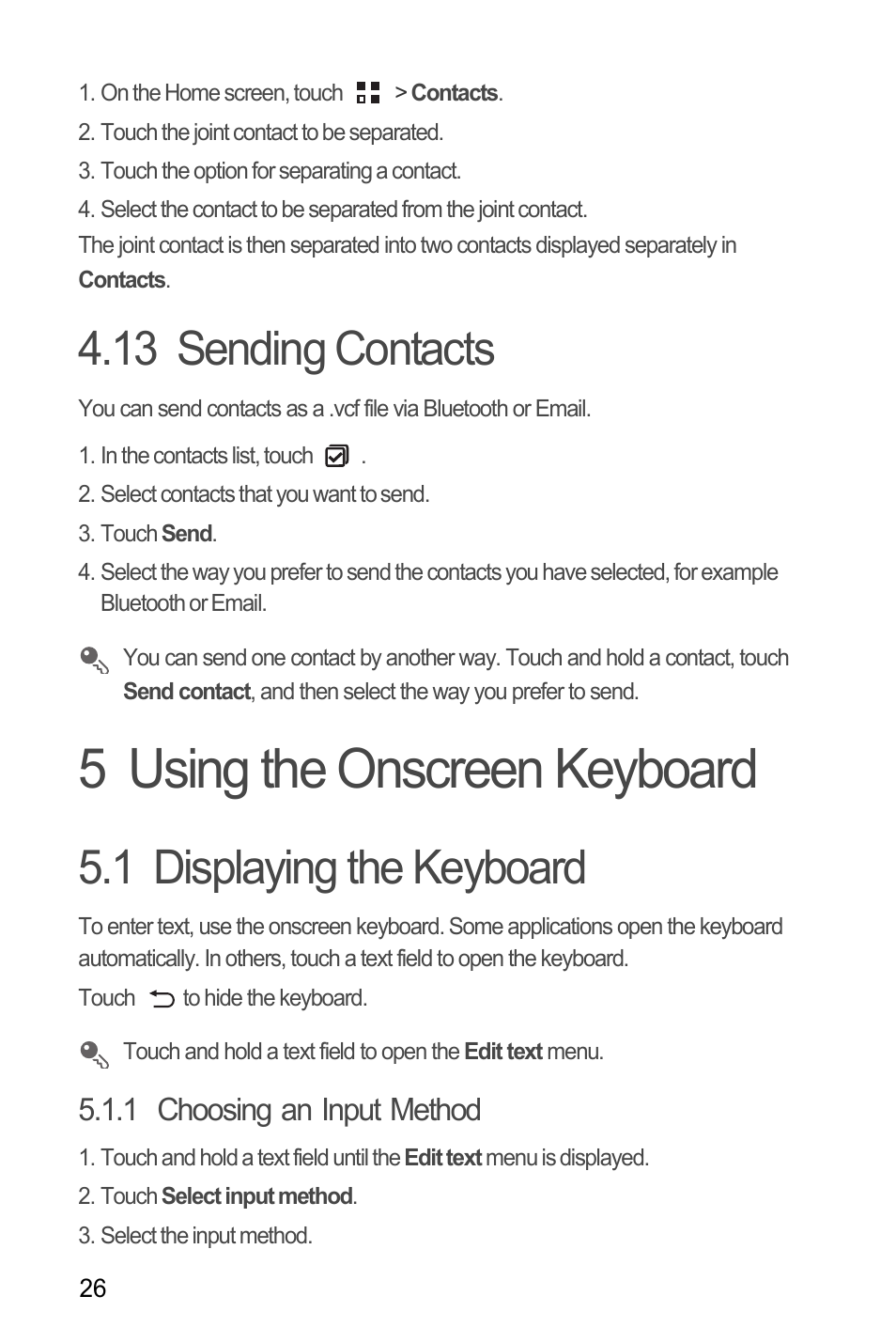 13 sending contacts, 5 using the onscreen keyboard, 1 displaying the keyboard | 1 choosing an input method | Huawei U8185-1 User Manual | Page 30 / 74