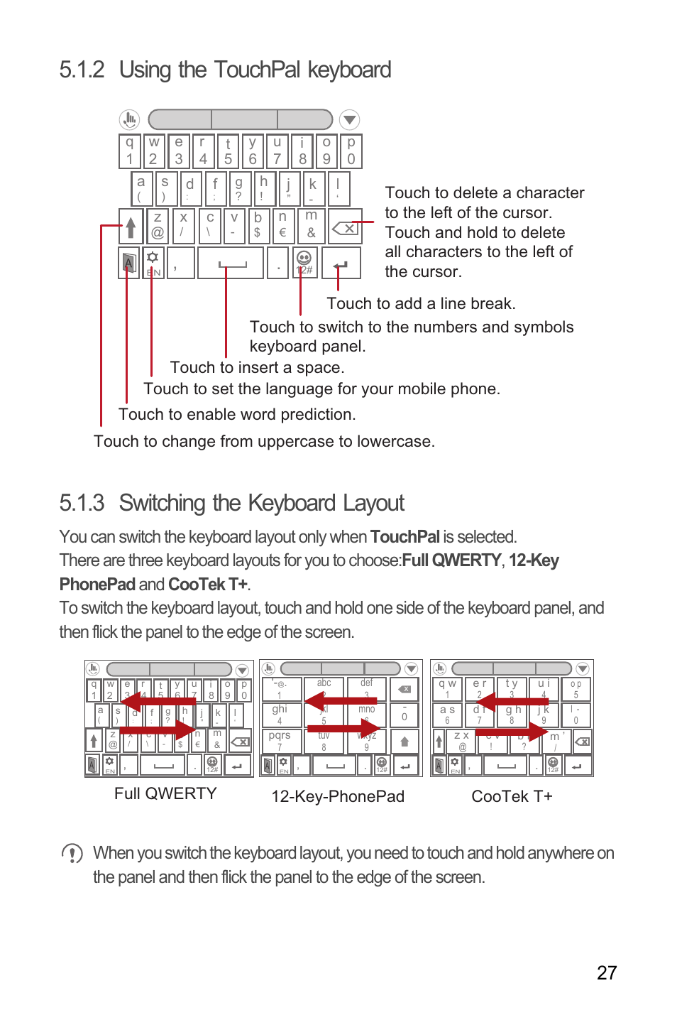 2 using the touchpal keyboard, 3 switching the keyboard layout, Full qwerty 12-key-phonepad cootek t | Nm l | Huawei U8185-1 User Manual | Page 31 / 74