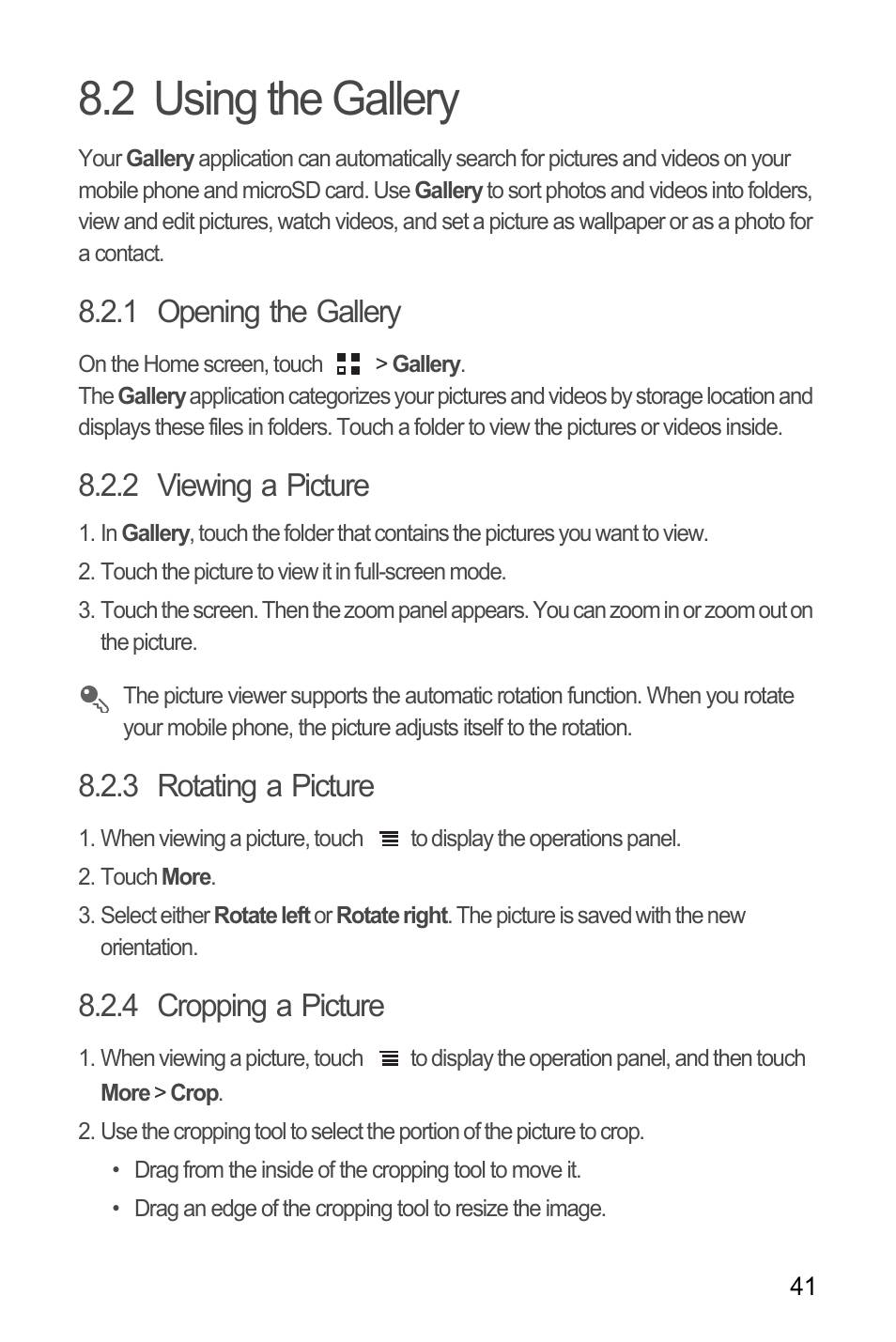 2 using the gallery, 1 opening the gallery, 2 viewing a picture | 3 rotating a picture, 4 cropping a picture | Huawei U8185-1 User Manual | Page 45 / 74