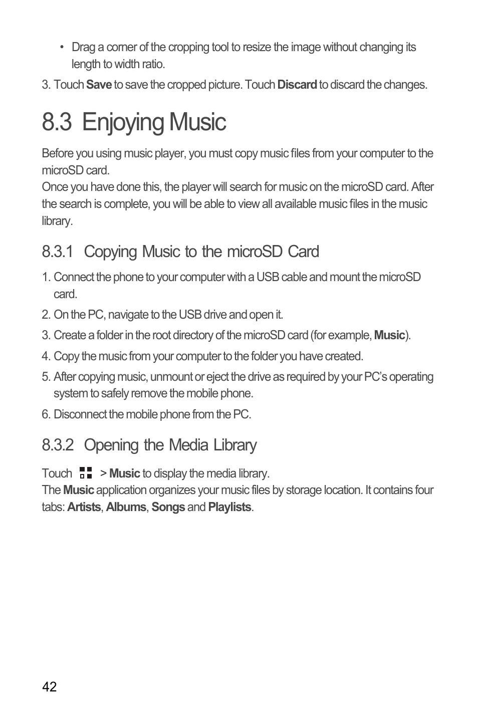 3 enjoying music, 1 copying music to the microsd card, 2 opening the media library | Huawei U8185-1 User Manual | Page 46 / 74