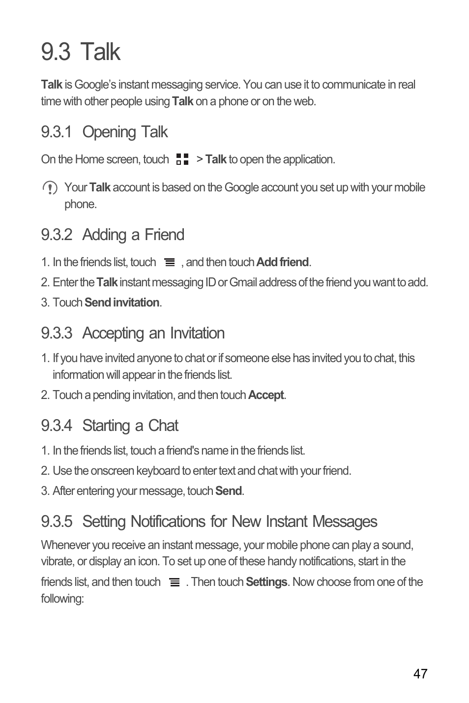 3 talk, 1 opening talk, 2 adding a friend | 3 accepting an invitation, 4 starting a chat, 5 setting notifications for new instant messages | Huawei U8185-1 User Manual | Page 51 / 74