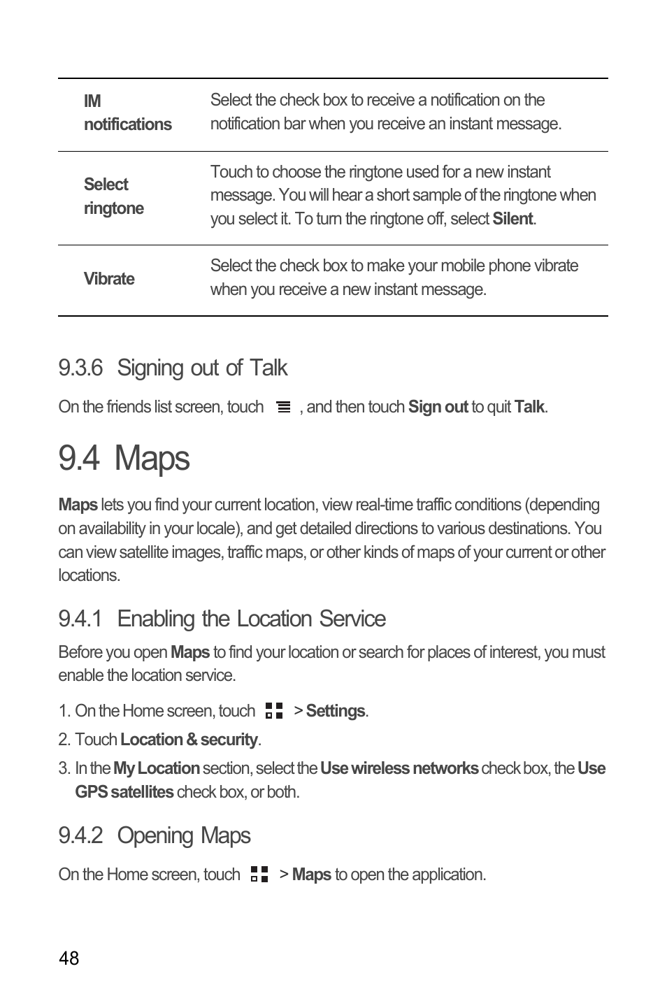 6 signing out of talk, 4 maps, 1 enabling the location service | 2 opening maps | Huawei U8185-1 User Manual | Page 52 / 74