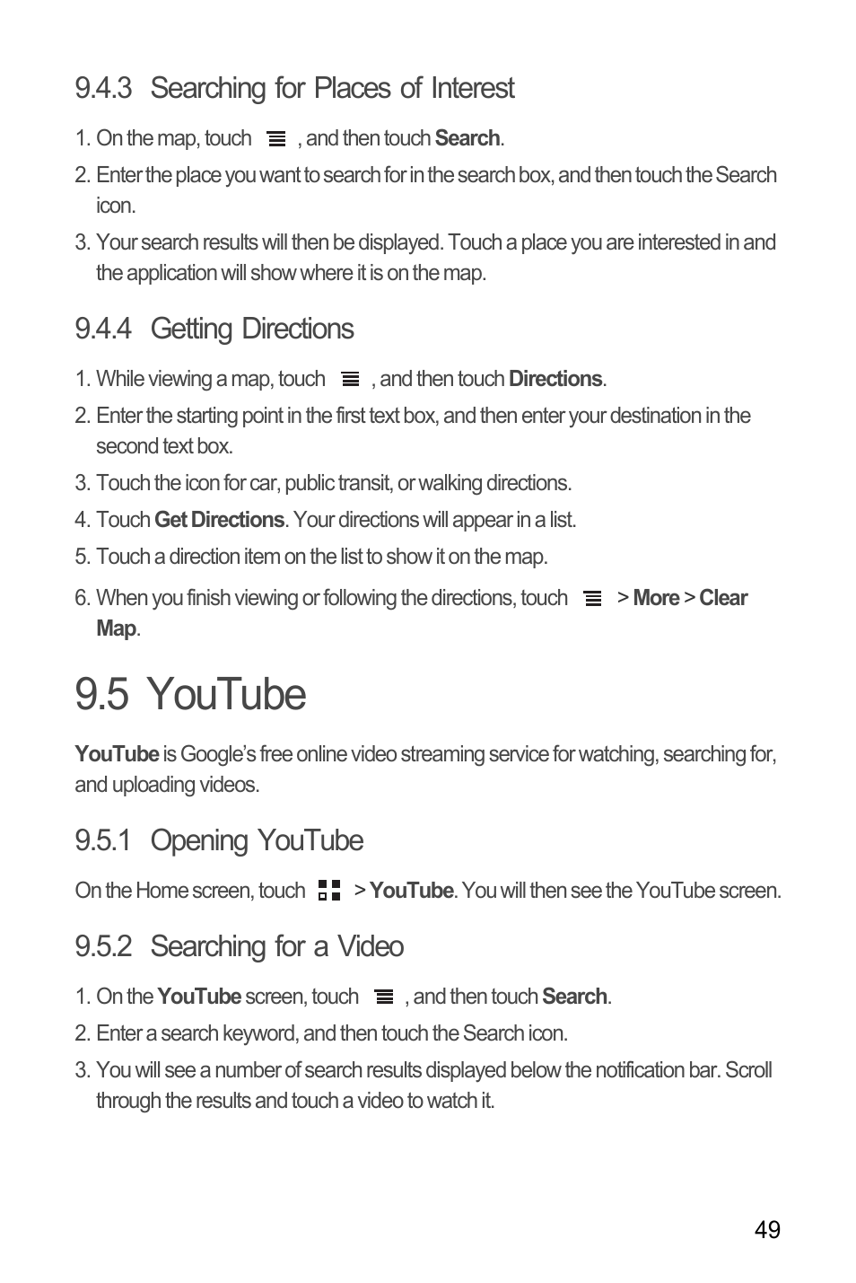 3 searching for places of interest, 4 getting directions, 5 youtube | 1 opening youtube, 2 searching for a video | Huawei U8185-1 User Manual | Page 53 / 74