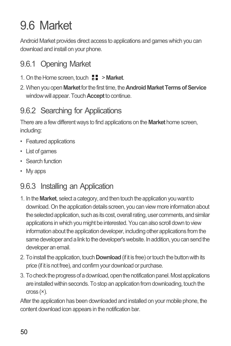 6 market, 1 opening market, 2 searching for applications | 3 installing an application | Huawei U8185-1 User Manual | Page 54 / 74