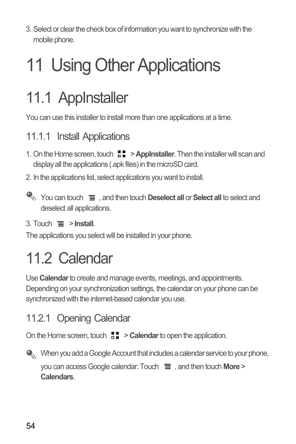 11 using other applications, 1 appinstaller, 1 install applications | 2 calendar, 1 opening calendar, 1 appinstaller 11.2 calendar | Huawei U8185-1 User Manual | Page 58 / 74