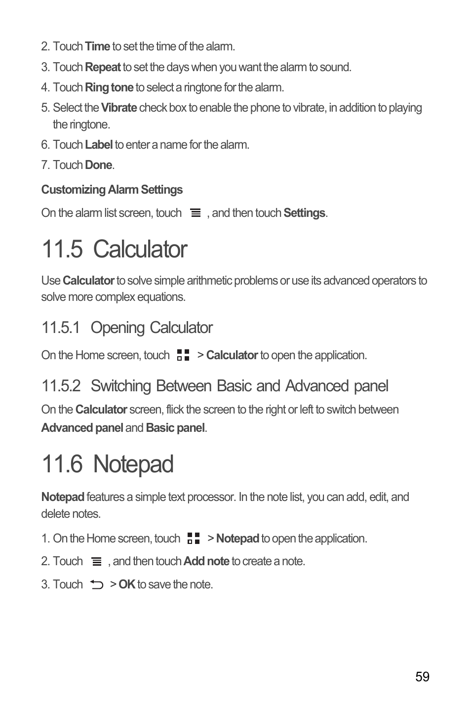 Customizing alarm settings, 5 calculator, 1 opening calculator | 2 switching between basic and advanced panel, 6 notepad, 5 calculator 11.6 notepad | Huawei U8185-1 User Manual | Page 63 / 74