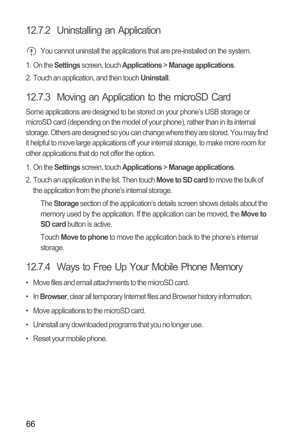 2 uninstalling an application, 3 moving an application to the microsd card, 4 ways to free up your mobile phone memory | Huawei U8185-1 User Manual | Page 70 / 74