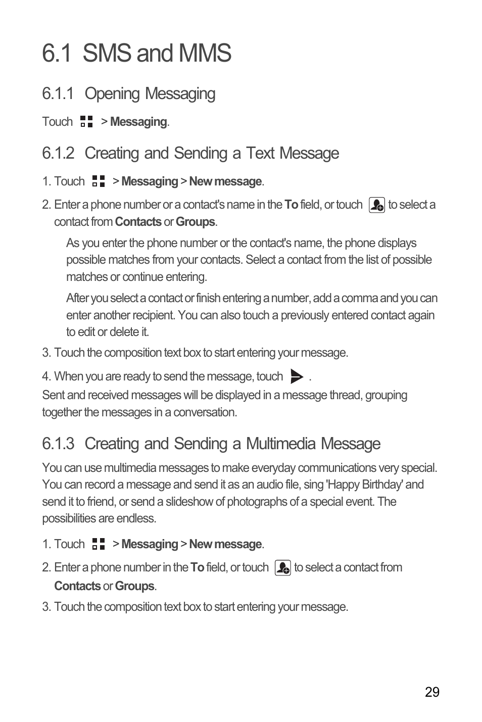 1 sms and mms, 1 opening messaging, 2 creating and sending a text message | 3 creating and sending a multimedia message | Huawei U8185-1 User Manual | Page 33 / 76