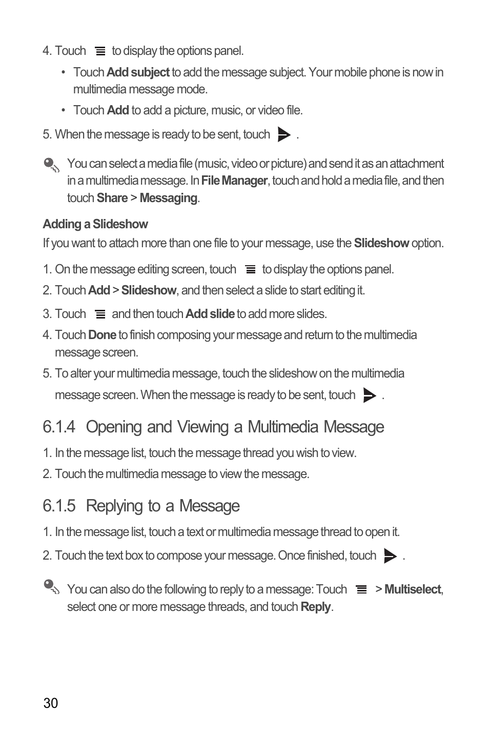 Adding a slideshow, 4 opening and viewing a multimedia message, 5 replying to a message | Huawei U8185-1 User Manual | Page 34 / 76