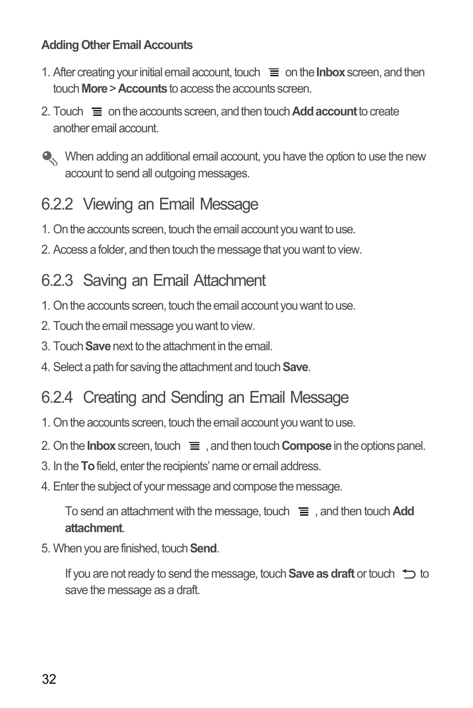 Adding other email accounts, 2 viewing an email message, 3 saving an email attachment | 4 creating and sending an email message | Huawei U8185-1 User Manual | Page 36 / 76