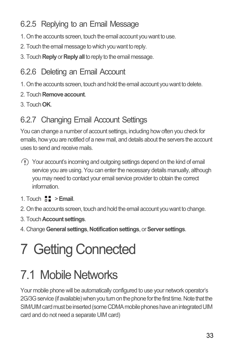 5 replying to an email message, 6 deleting an email account, 7 changing email account settings | 7 getting connected, 1 mobile networks | Huawei U8185-1 User Manual | Page 37 / 76