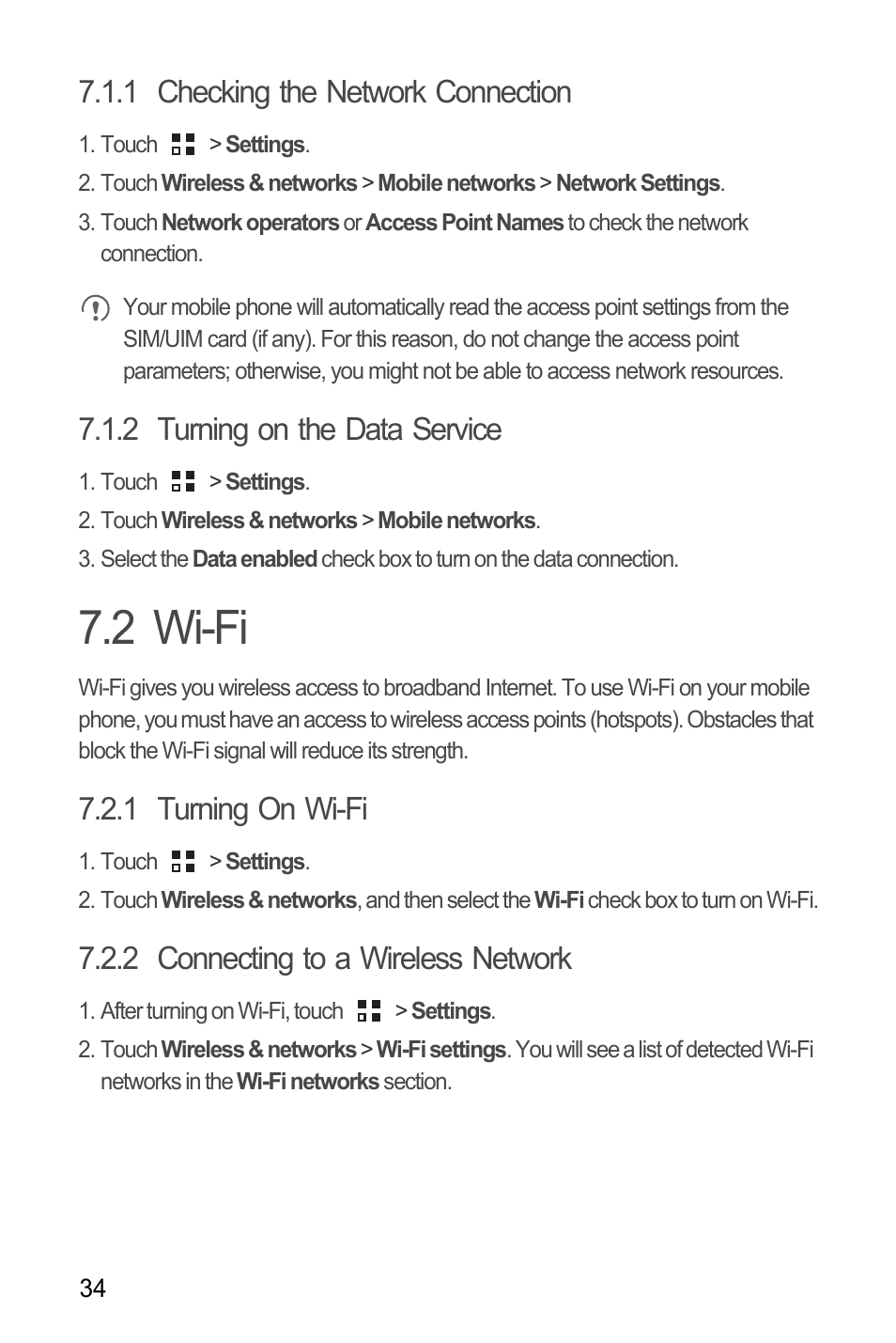 1 checking the network connection, 2 turning on the data service, 2 wi-fi | 1 turning on wi-fi, 2 connecting to a wireless network | Huawei U8185-1 User Manual | Page 38 / 76