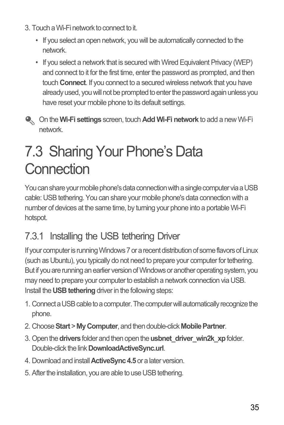 3 sharing your phone’s data connection, 1 installing the usb tethering driver | Huawei U8185-1 User Manual | Page 39 / 76