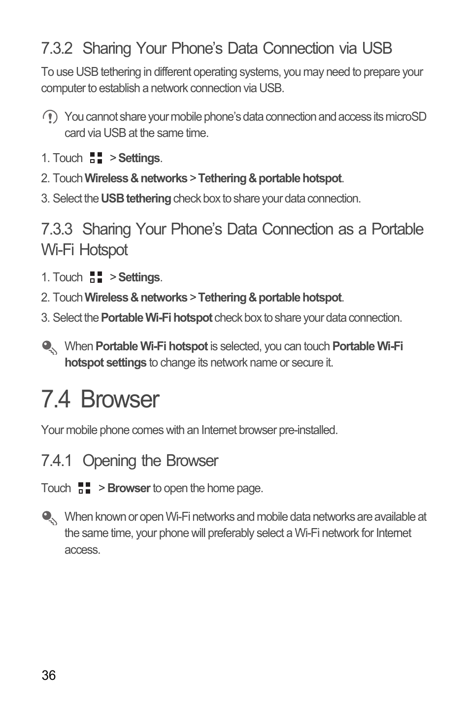 2 sharing your phone’s data connection via usb, 4 browser, 1 opening the browser | Huawei U8185-1 User Manual | Page 40 / 76