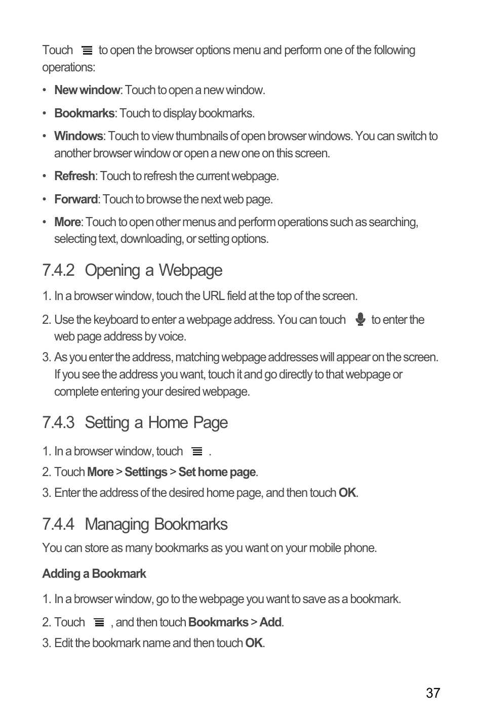 4 managing bookmarks, Adding a bookmark, 2 opening a webpage | 3 setting a home page | Huawei U8185-1 User Manual | Page 41 / 76