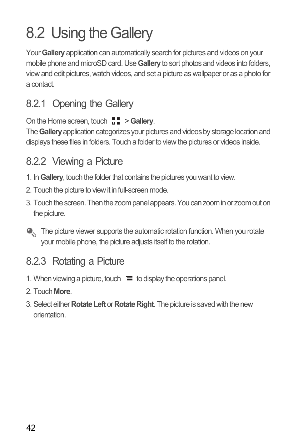 2 using the gallery, 1 opening the gallery, 2 viewing a picture | 3 rotating a picture | Huawei U8185-1 User Manual | Page 46 / 76