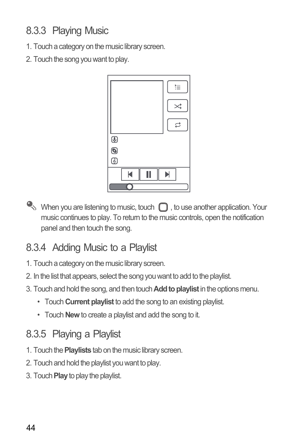 3 playing music, 4 adding music to a playlist, 5 playing a playlist | Huawei U8185-1 User Manual | Page 48 / 76