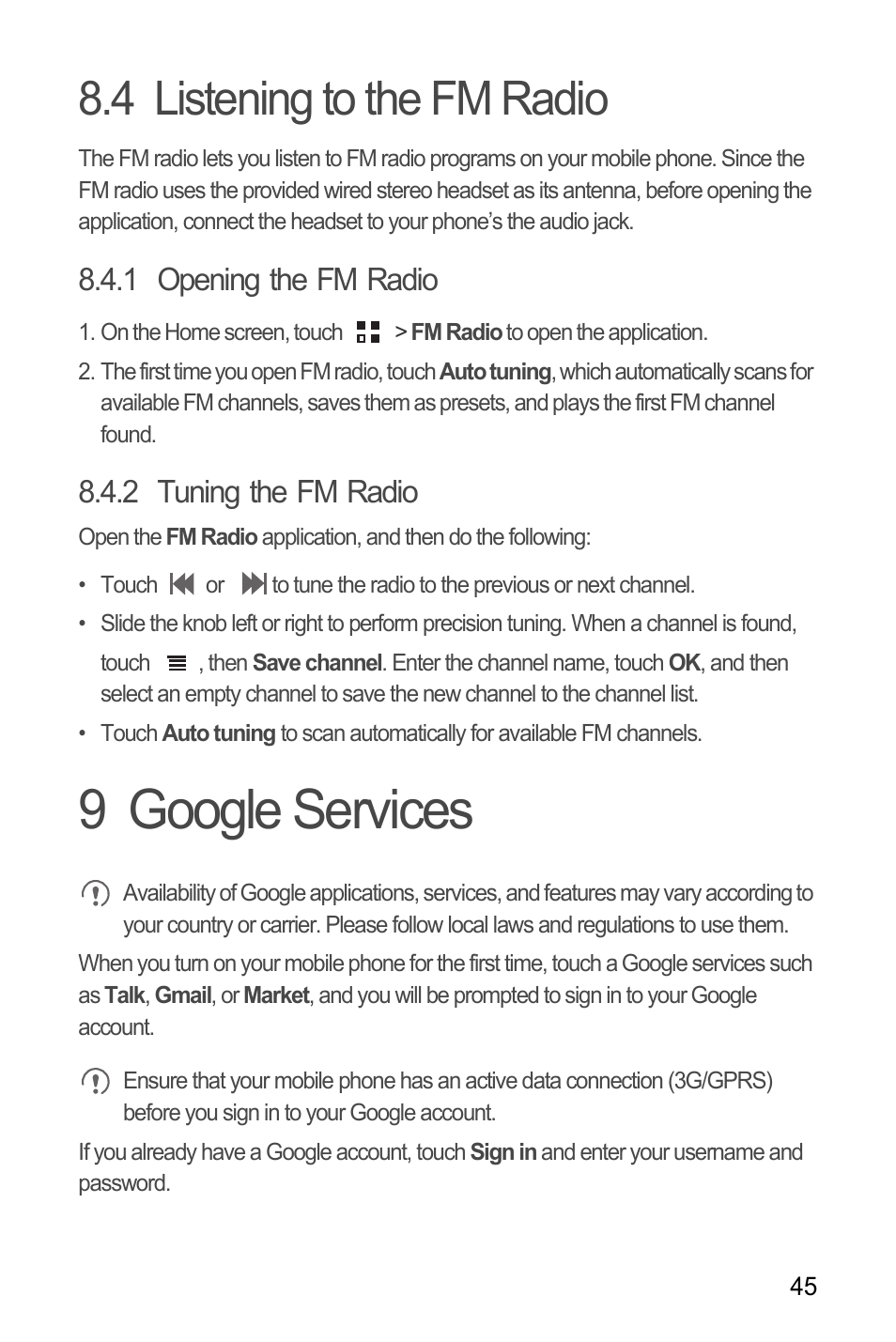 4 listening to the fm radio, 1 opening the fm radio, 2 tuning the fm radio | 9 google services | Huawei U8185-1 User Manual | Page 49 / 76