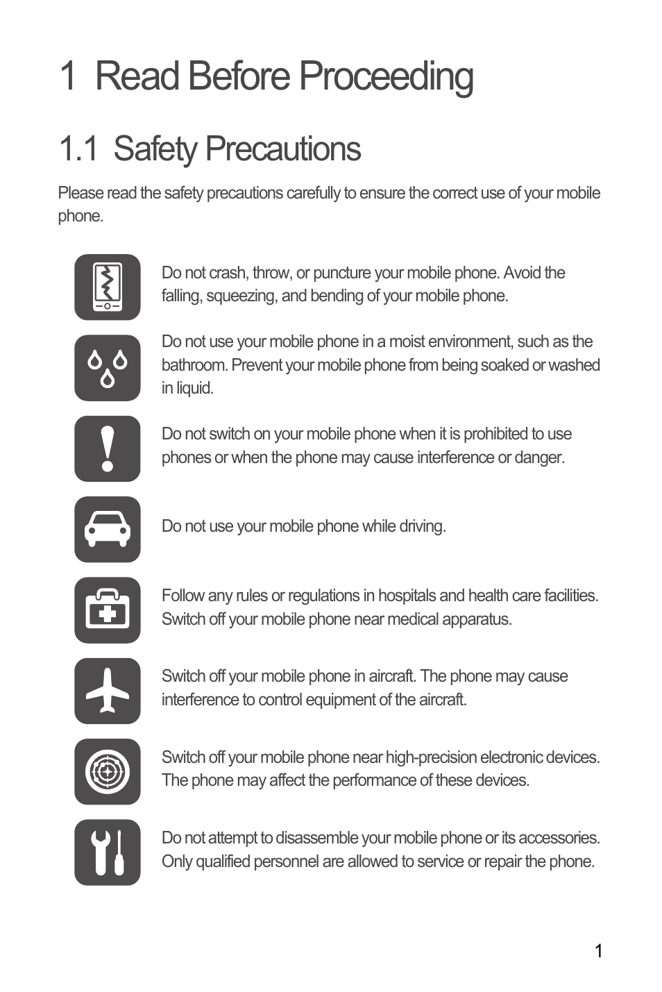 1 read before proceeding, 1 safety precautions | Huawei U8185-1 User Manual | Page 5 / 76