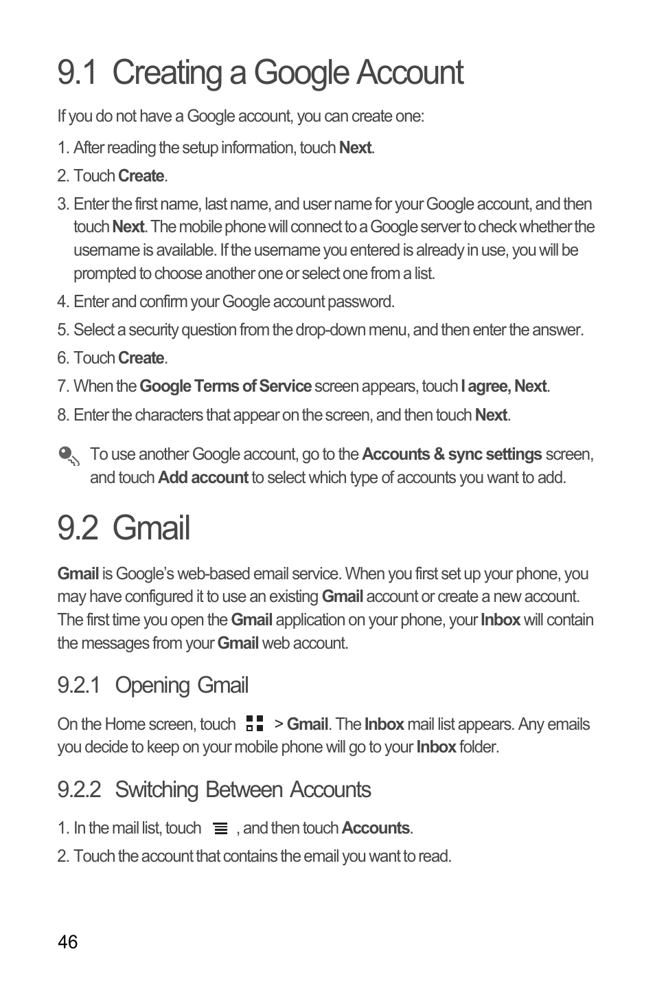 1 creating a google account, 2 gmail, 1 opening gmail | 2 switching between accounts, 1 creating a google account 9.2 gmail | Huawei U8185-1 User Manual | Page 50 / 76