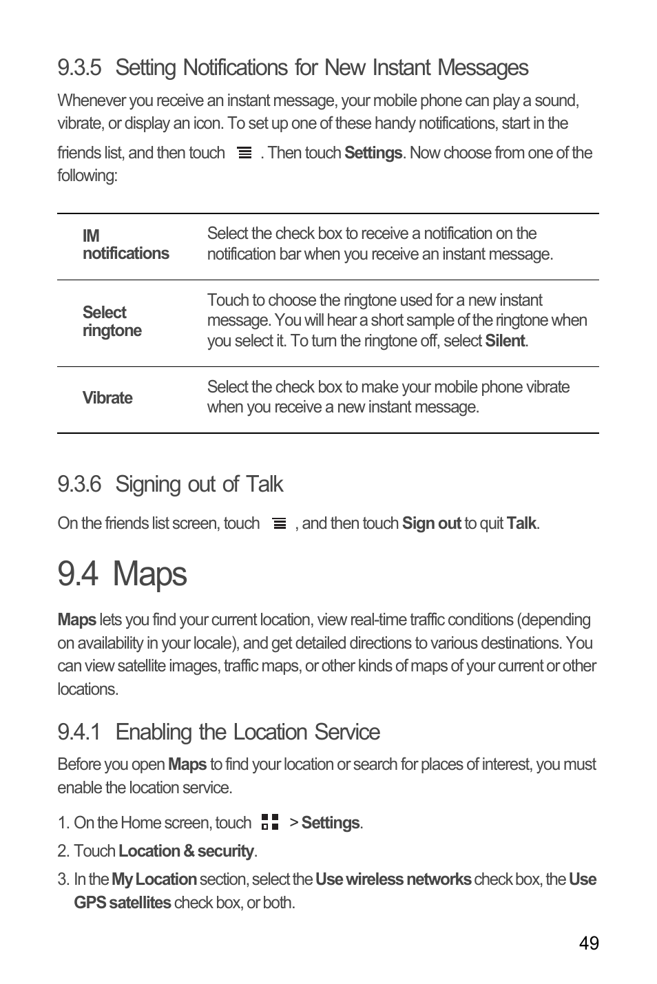 4 maps, 5 setting notifications for new instant messages, 6 signing out of talk | 1 enabling the location service | Huawei U8185-1 User Manual | Page 53 / 76