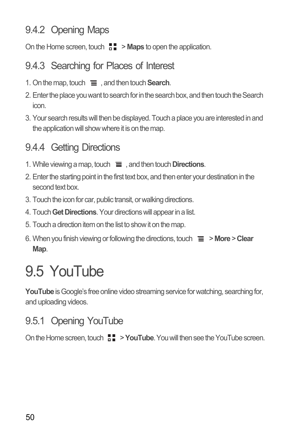 2 opening maps, 3 searching for places of interest, 4 getting directions | 5 youtube, 1 opening youtube | Huawei U8185-1 User Manual | Page 54 / 76