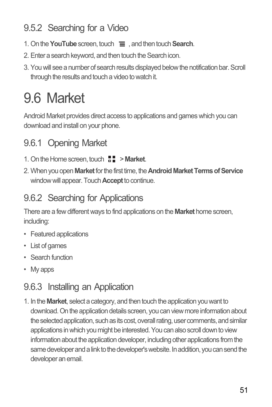 2 searching for a video, 6 market, 1 opening market | 2 searching for applications, 3 installing an application | Huawei U8185-1 User Manual | Page 55 / 76