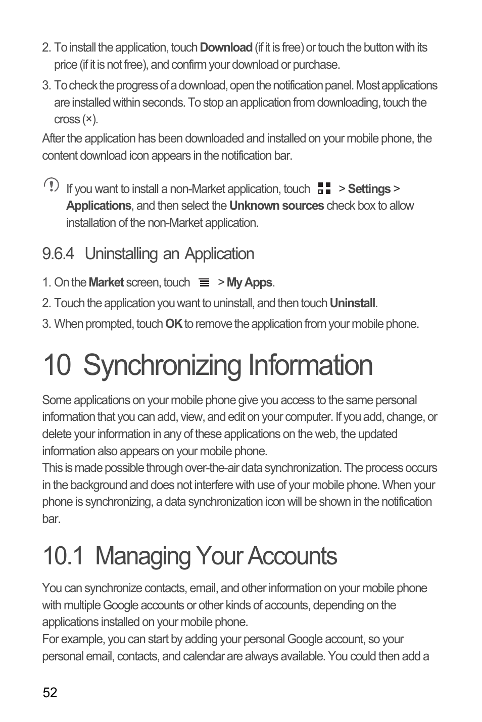 4 uninstalling an application, 10 synchronizing information, 1 managing your accounts | Huawei U8185-1 User Manual | Page 56 / 76