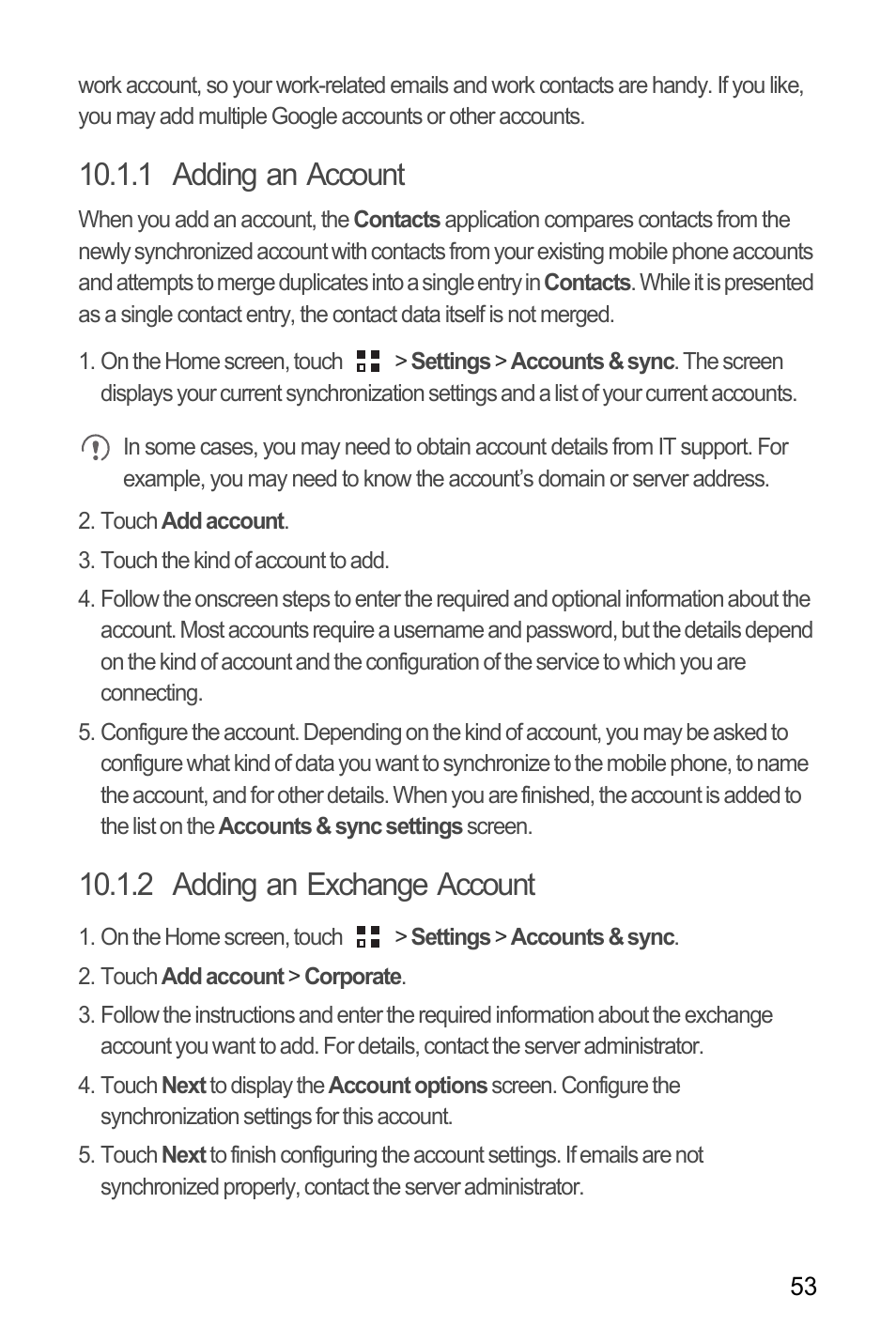 1 adding an account, 2 adding an exchange account | Huawei U8185-1 User Manual | Page 57 / 76