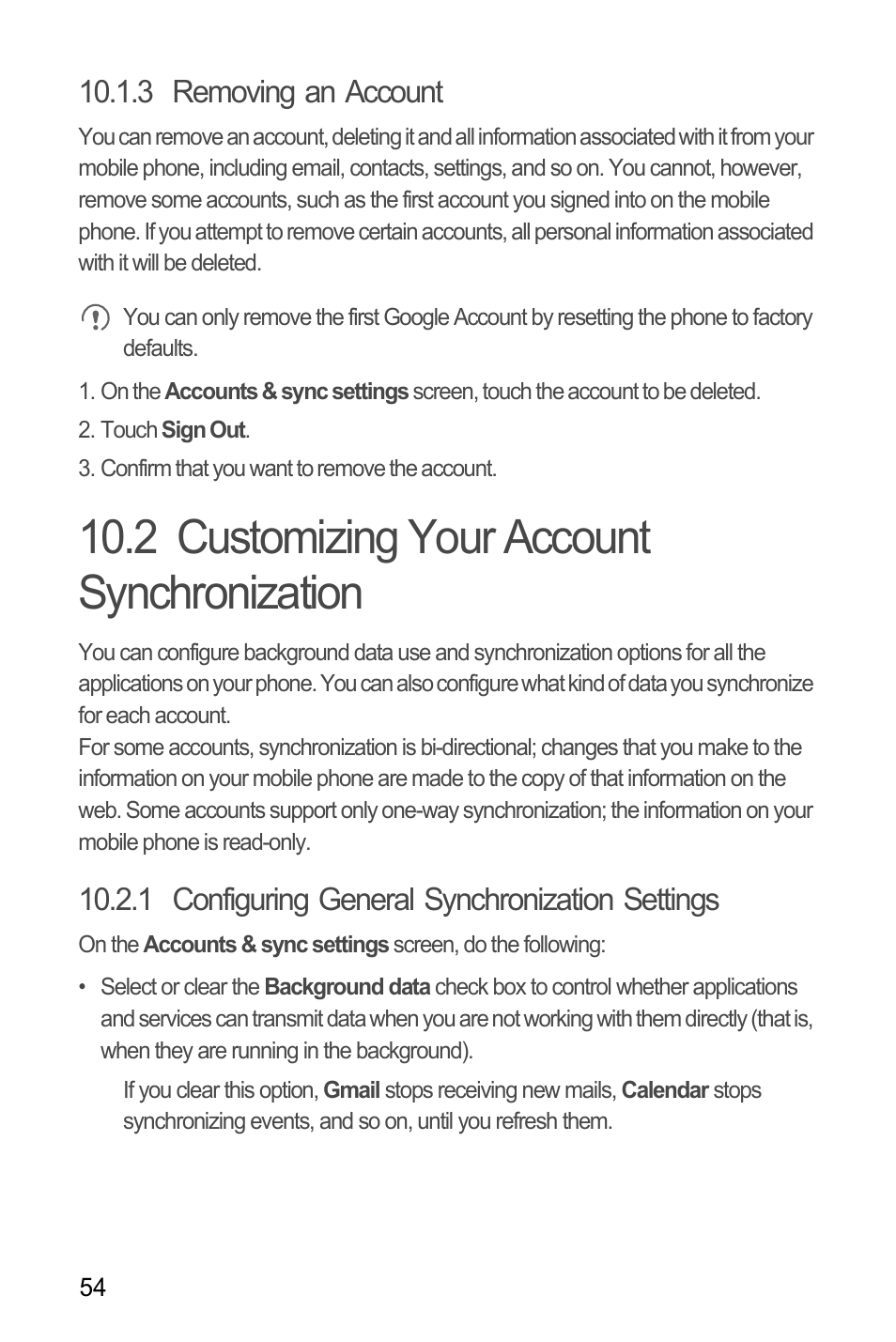 3 removing an account, 2 customizing your account synchronization, 1 configuring general synchronization settings | Huawei U8185-1 User Manual | Page 58 / 76