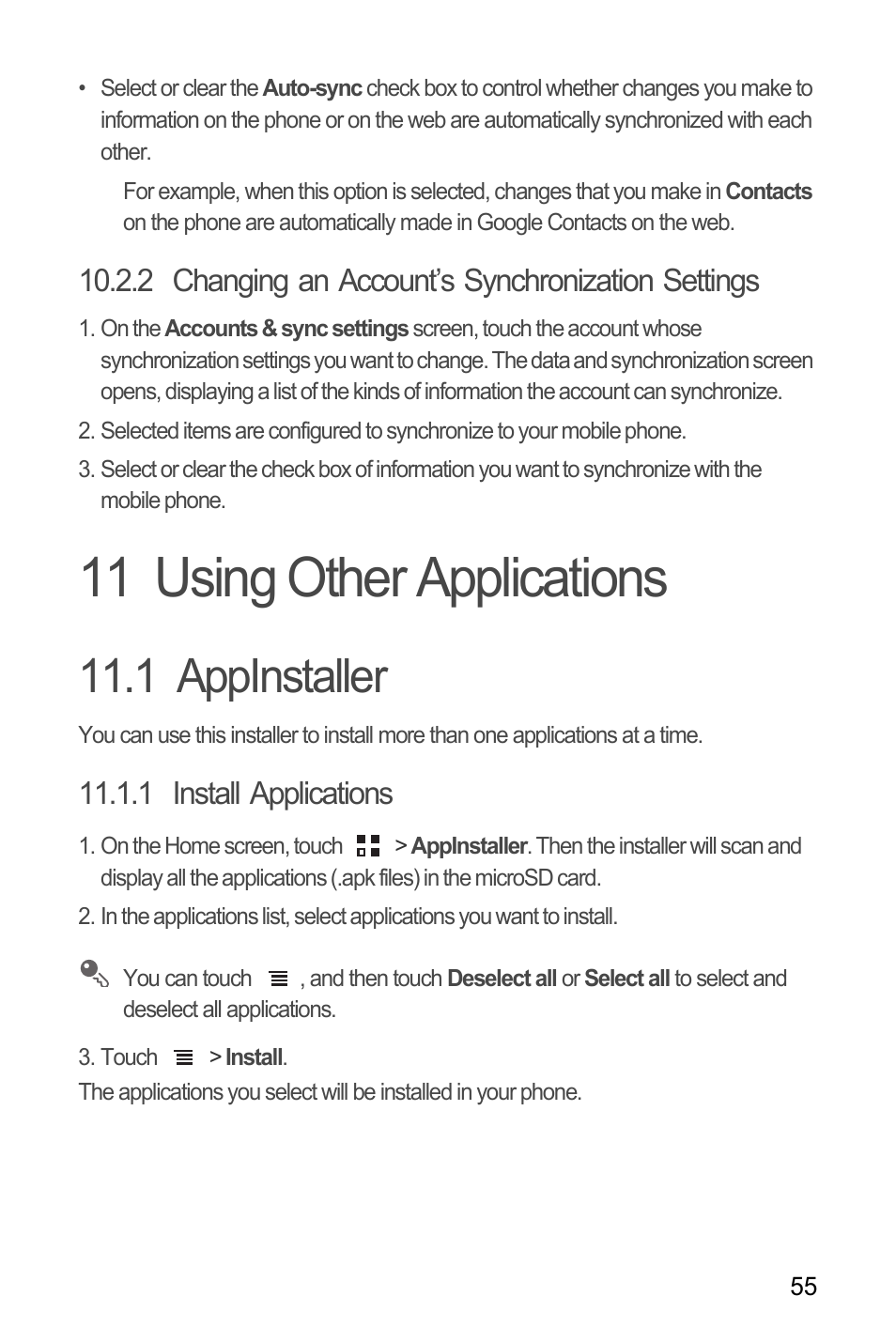 2 changing an account’s synchronization settings, 11 using other applications, 1 appinstaller | 1 install applications | Huawei U8185-1 User Manual | Page 59 / 76