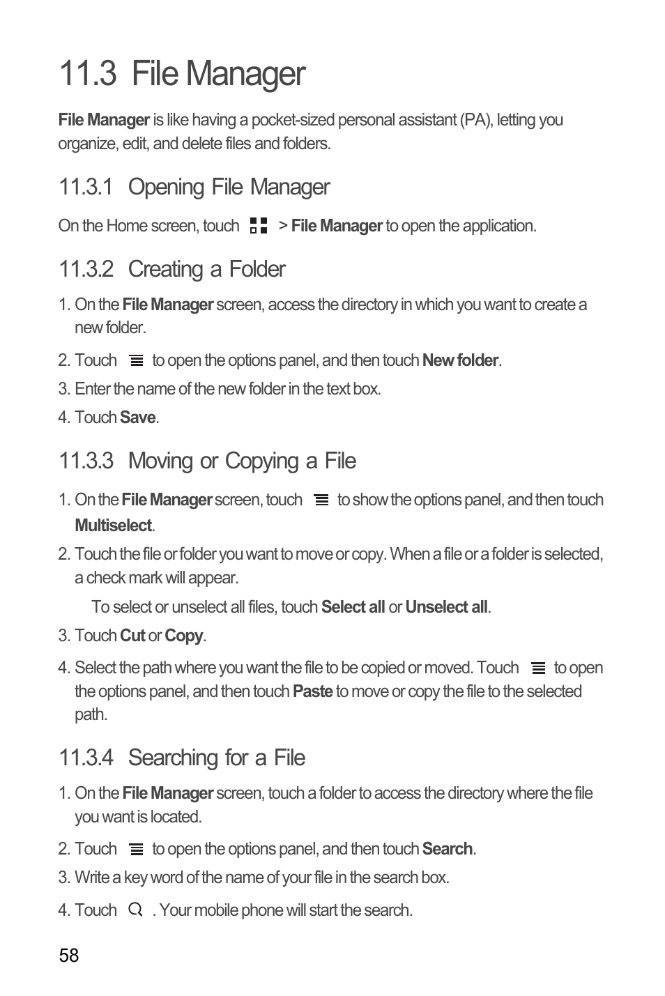 3 file manager, 1 opening file manager, 2 creating a folder | 3 moving or copying a file, 4 searching for a file | Huawei U8185-1 User Manual | Page 62 / 76