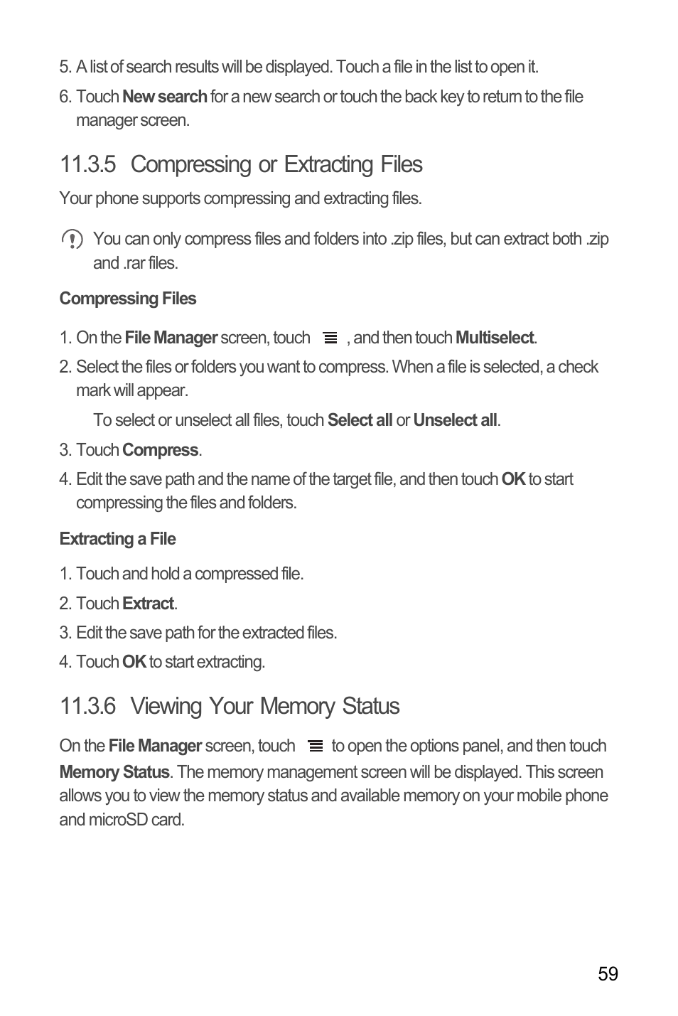 5 compressing or extracting files, Compressing files, Extracting a file | 6 viewing your memory status | Huawei U8185-1 User Manual | Page 63 / 76