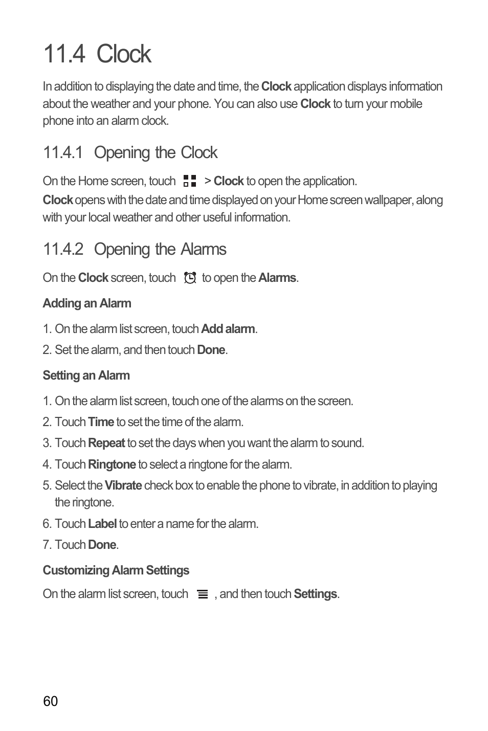 4 clock, 1 opening the clock, 2 opening the alarms | Adding an alarm, Setting an alarm, Customizing alarm settings | Huawei U8185-1 User Manual | Page 64 / 76