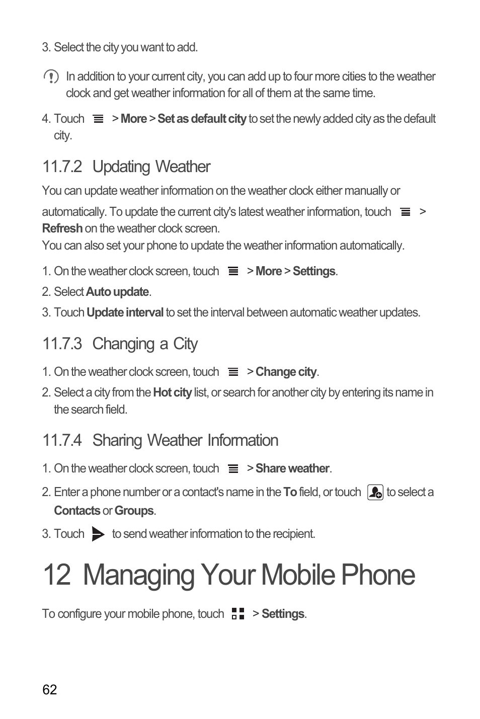 2 updating weather, 3 changing a city, 4 sharing weather information | 12 managing your mobile phone | Huawei U8185-1 User Manual | Page 66 / 76