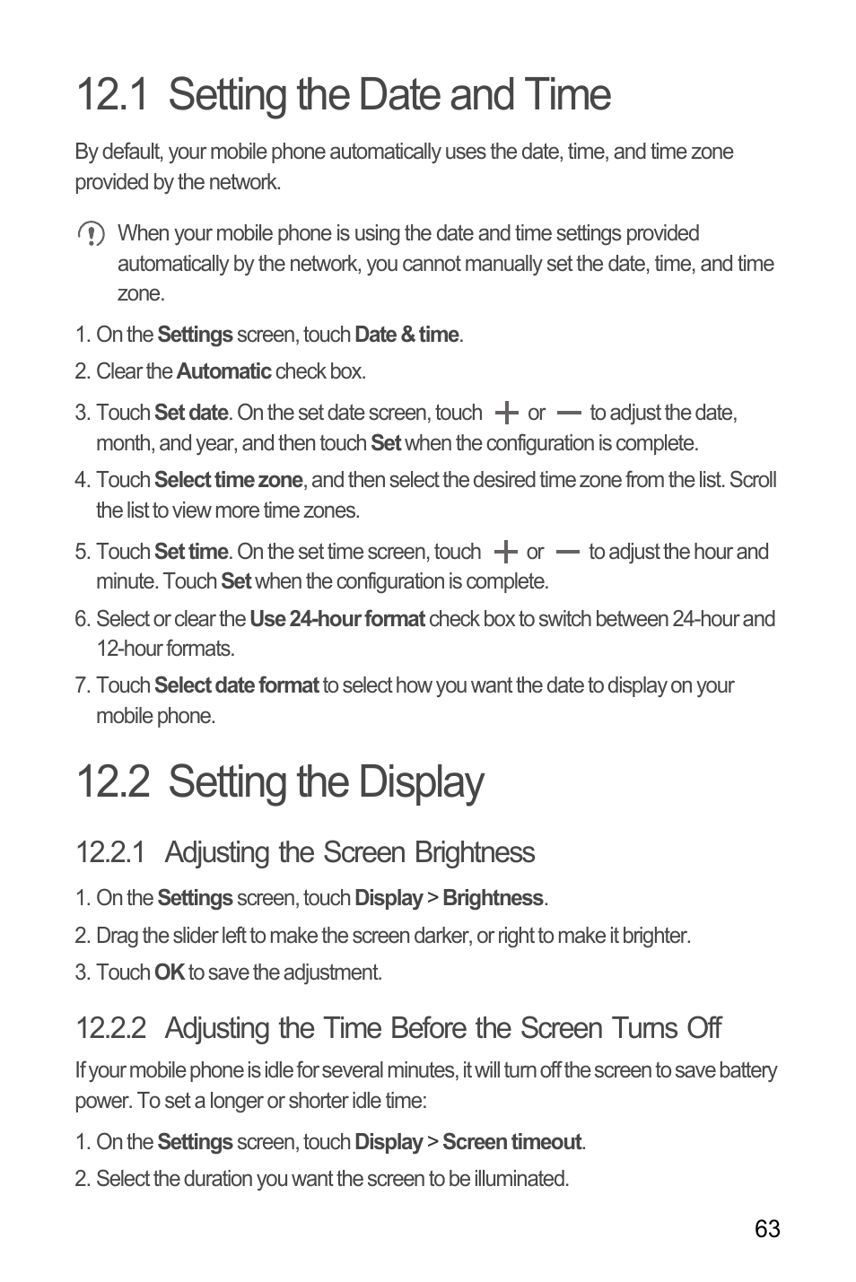 1 setting the date and time, 2 setting the display, 1 adjusting the screen brightness | 2 adjusting the time before the screen turns off | Huawei U8185-1 User Manual | Page 67 / 76