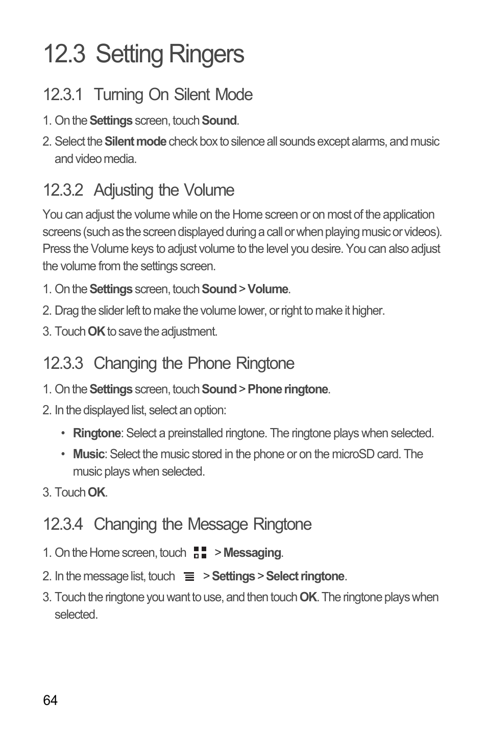 3 setting ringers, 1 turning on silent mode, 2 adjusting the volume | 3 changing the phone ringtone, 4 changing the message ringtone | Huawei U8185-1 User Manual | Page 68 / 76