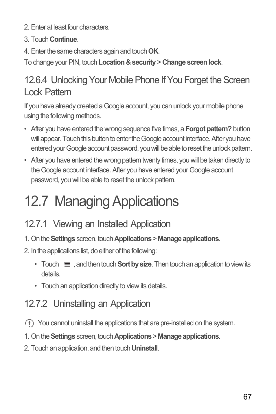 7 managing applications, 1 viewing an installed application, 2 uninstalling an application | Huawei U8185-1 User Manual | Page 71 / 76