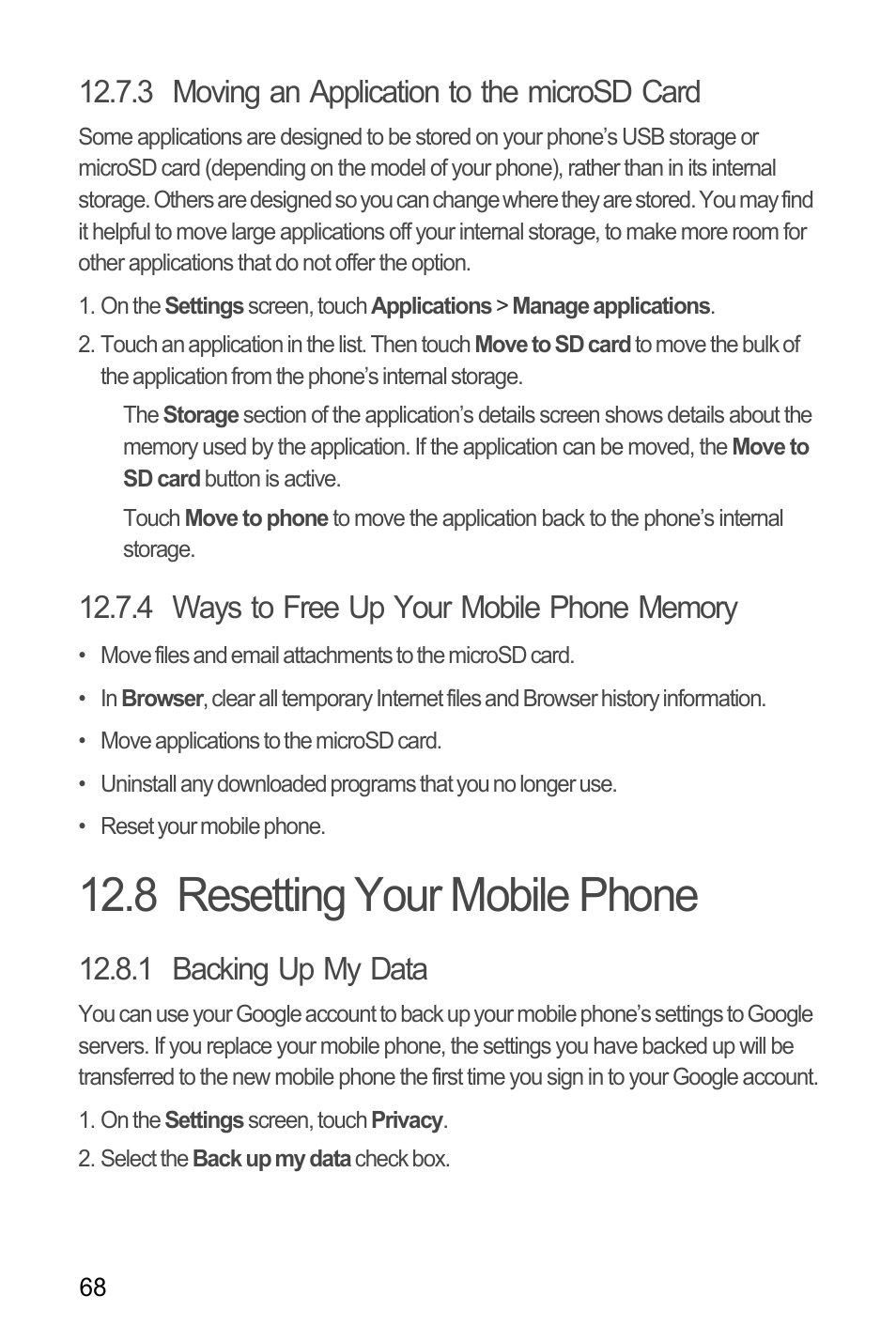 3 moving an application to the microsd card, 4 ways to free up your mobile phone memory, 8 resetting your mobile phone | 1 backing up my data | Huawei U8185-1 User Manual | Page 72 / 76