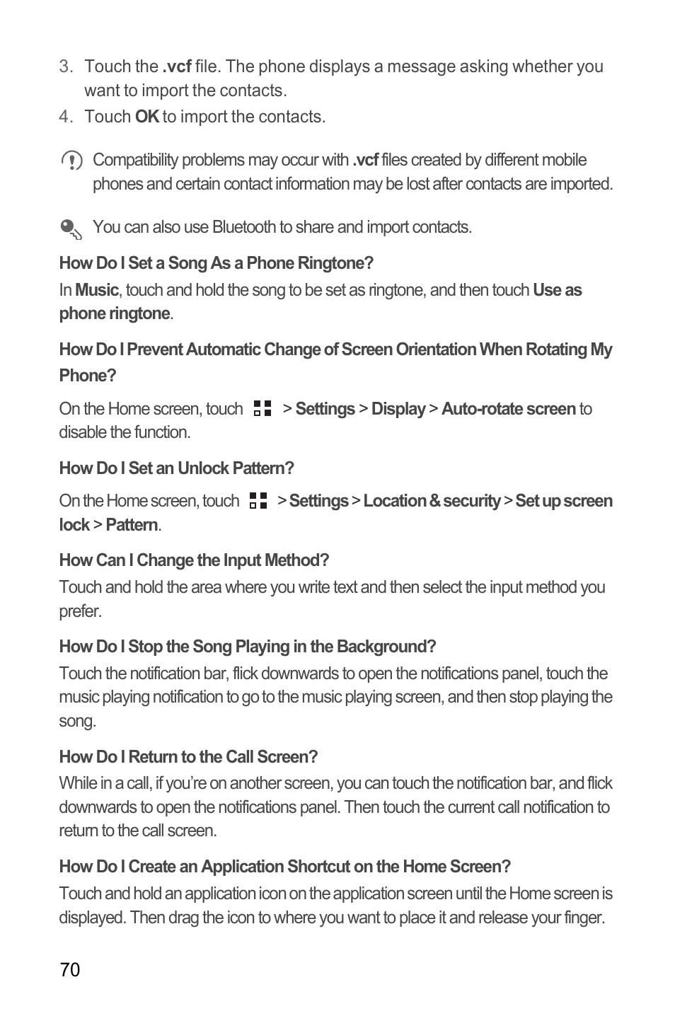 How do i set a song as a phone ringtone, How do i set an unlock pattern, How can i change the input method | How do i stop the song playing in the background, How do i return to the call screen | Huawei U8185-1 User Manual | Page 74 / 76