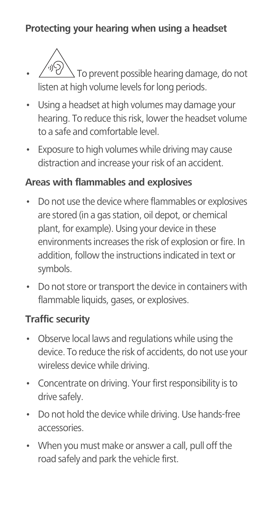 Protecting your hearing when using a headset, Areas with flammables and explosives, Traffic security | Huawei Ascend G700-U20 Quick Start User Manual | Page 13 / 28