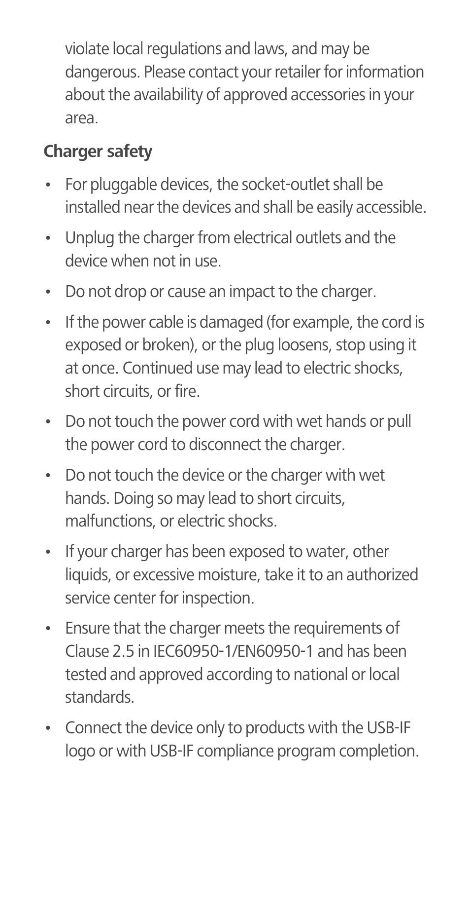 Charger safety | Huawei Ascend G700-U20 Quick Start User Manual | Page 16 / 28