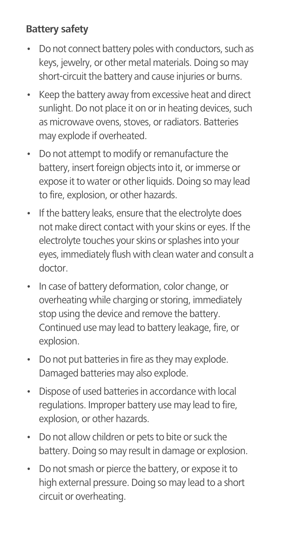 Battery safety | Huawei Ascend G700-U20 Quick Start User Manual | Page 17 / 28