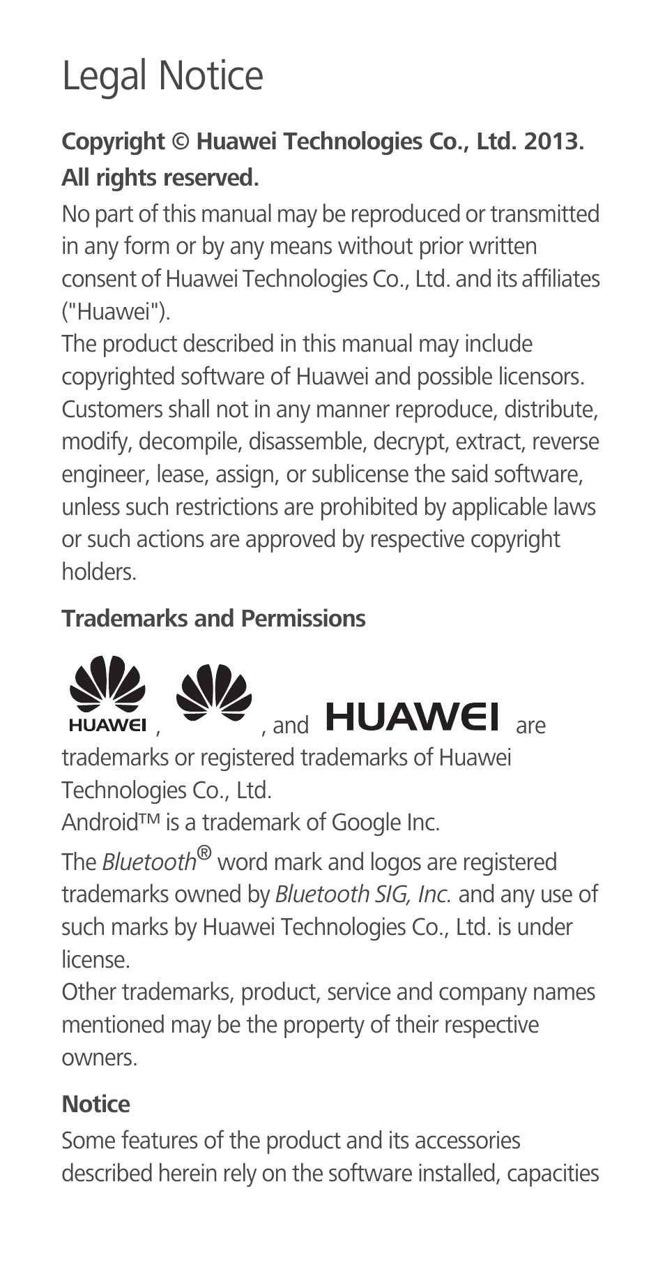 Legal notice, Trademarks and permissions, Notice | Huawei Ascend G700-U20 Quick Start User Manual | Page 24 / 28