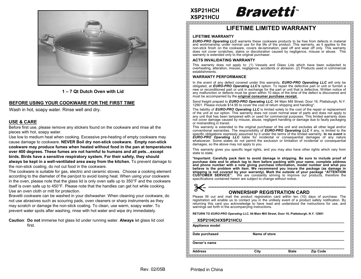 Lifetime limited warranty, Xsp21hch xsp21hcu | Bravetti XSP21HCU User Manual | Page 2 / 2